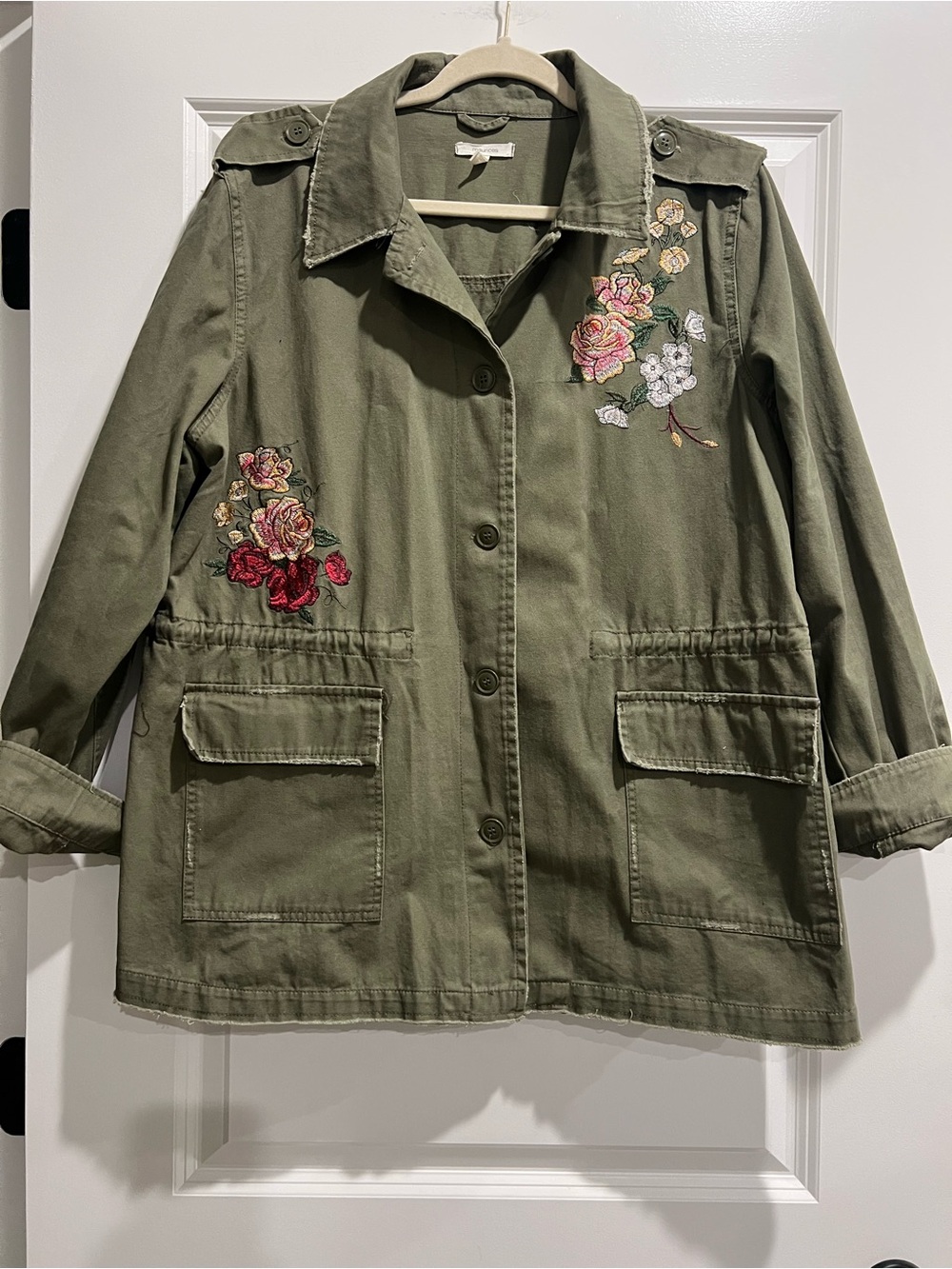 Maurices Olive Green Distressed Embroidered Utility Jacket